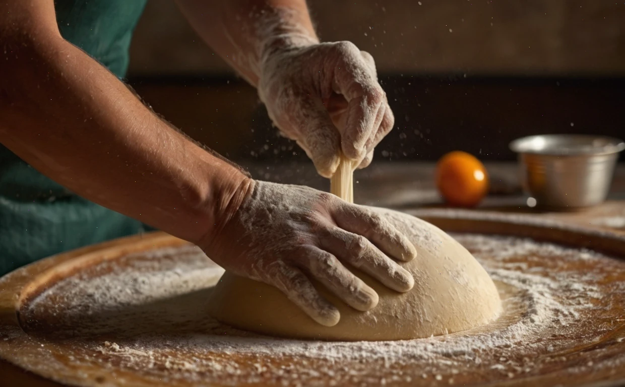 Pizzaiolo insegna a impastare durante un corso in Italia