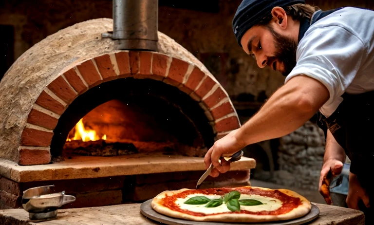 Studente prepara pizza in forno durante un corso professionale